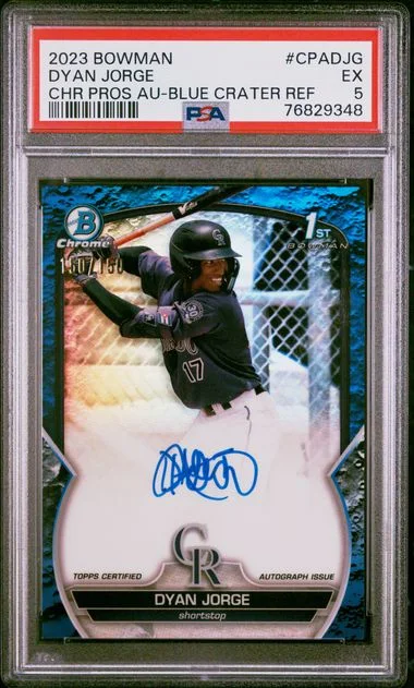 2023 Bowman Chrome Prospect Autographs Blue Lunar Crater Cpadjg Dyan Jorge #no-number card image