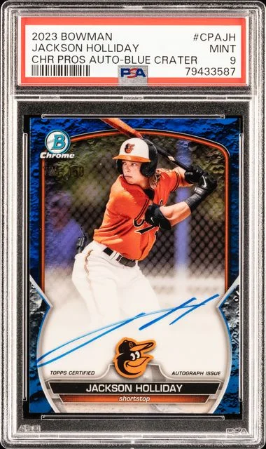 2023 Bowman Chrome Prospect Autographs Blue Lunar Crater Cpajh Jackson Holliday #no-number card image