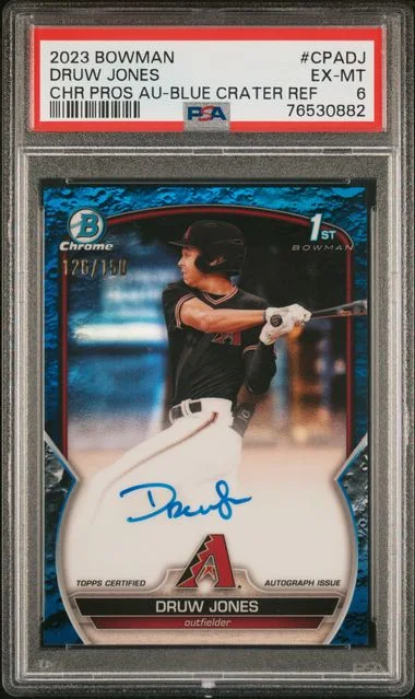 2023 Bowman Chrome Prospect Autographs Blue Lunar Crater Refractor Cpadj Druw Jones #no-number card image