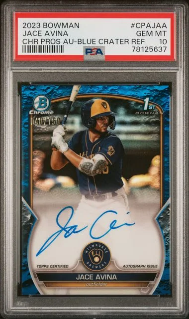 2023 Bowman Chrome Prospect Autographs Blue Lunar Crater Refractor Cpajaa Jace Avina #no-number card image