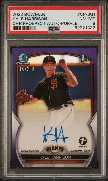 2023 Bowman Chrome Prospect Autographs Purple Cpakh Kyle Harrison #no-number card image