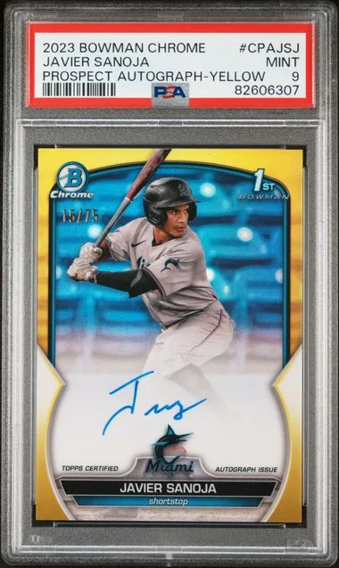 2023 Bowman Chrome Prospect Autographs Yellow Cpajsj Javier Sanoja #no-number card image