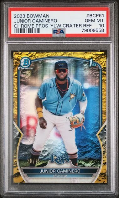 2023 Bowman Chrome Prospects Junior Caminero Yellow Lunar Crater Refractor #Bcp61 card image