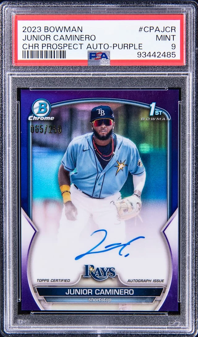 2023 Bowman Chrome Prospects Junior Caminero Autograph Purple Refractor #CPA-JCR card image