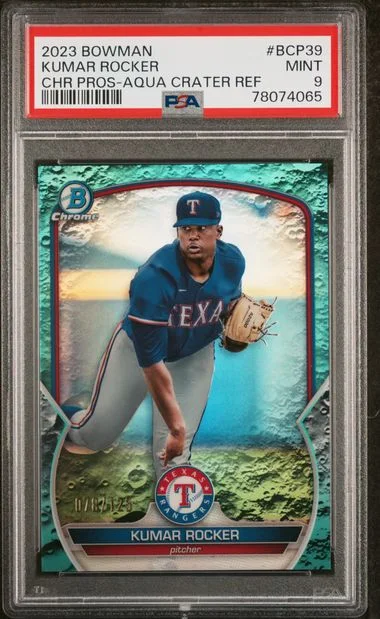 2023 Bowman Chrome Prospects Kumar Rocker Aqua Lunar Crater Refractor #Bcp39 card image