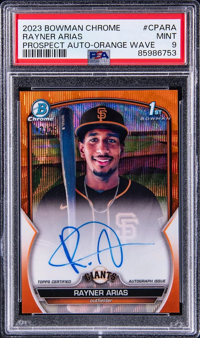 2023 Bowman Chrome Rayner Arias Prospect Autograph Orange Wave #CPA-RA card image