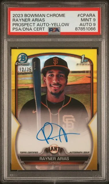 2023 Bowman Chrome Rayner Arias Prospect Autographs Yellow #CPARA card image