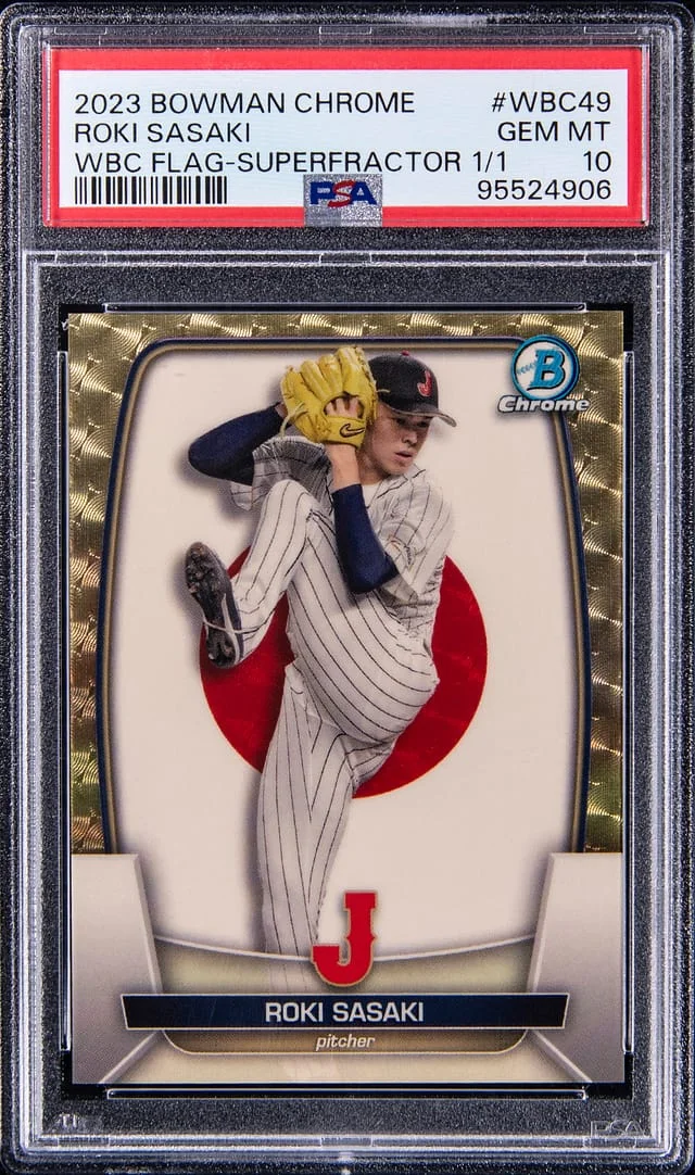 2023 Bowman Chrome Roki Sasaki World Baseball Classic Flag SuperFractor #WBC49 card image