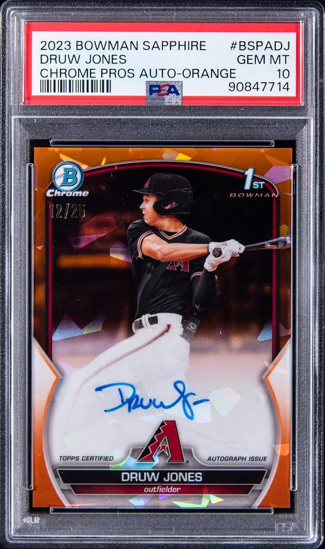 2023 Bowman Chrome Sapphire Druw Jones Prospect Autographs Orange #BSPA-DJ card image