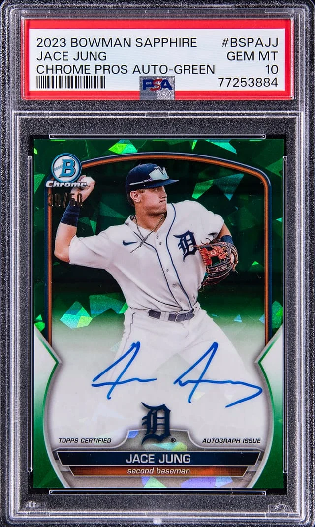 2023 Bowman Chrome Sapphire Jace Jung Prospect Autographs Green #BSPAJJ card image