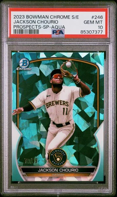 2023 Bowman Chrome Sapphire Jackson Chourio Edition Prospects SP-Aqua #246 card image
