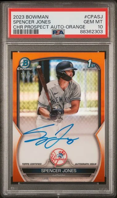 2023 Bowman Chrome Spencer Jones Prospect Autograph Blue Refractor #CPASJ card image