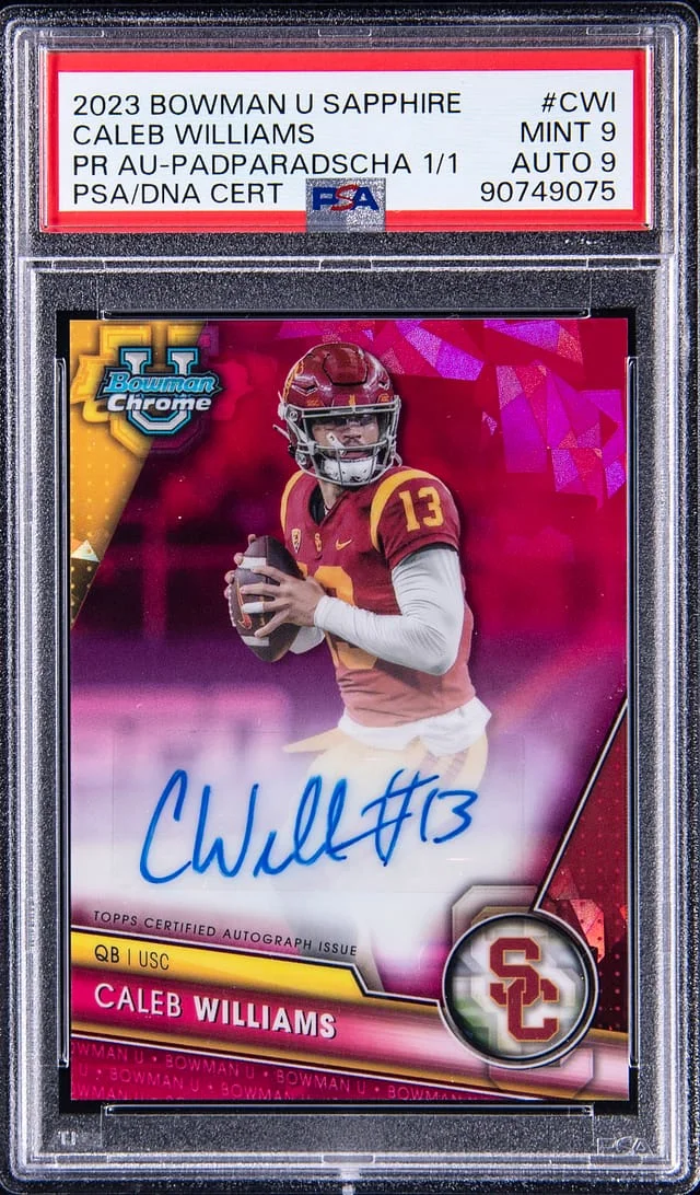2023 Bowman Chrome University Caleb Williams Sapphire Prospect Autographs Padparadscha Refractor #PA-CWI card image