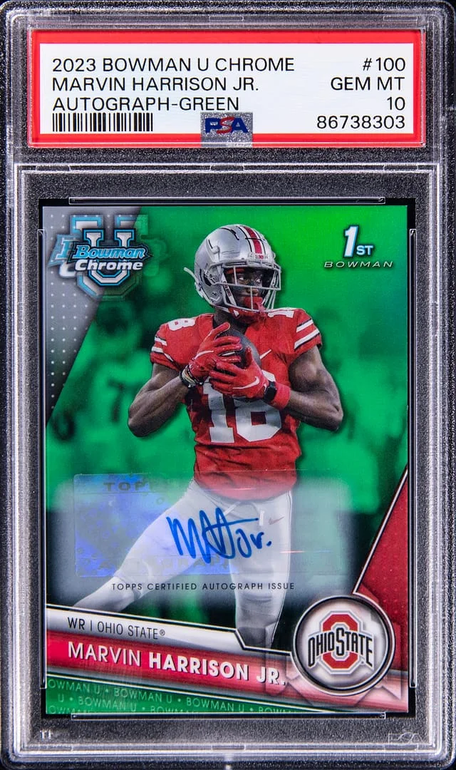 2023 Bowman Chrome University Marvin Harrison Jr. Autograph Green Refractor #100 card image