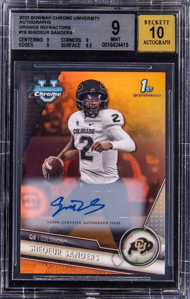 2023 Bowman Chrome University Shedeur Sanders Autographs Orange Refractor #16 card image