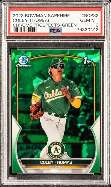 2023 Bowman Colby Thomas Sapphire Edition Chrome Prospects Green #BCP-32 card image