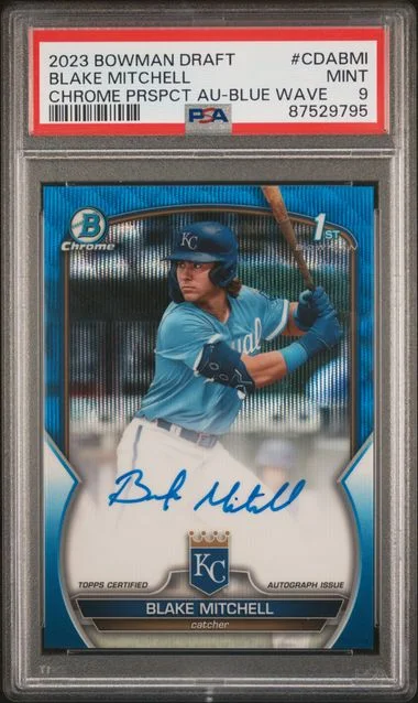 2023 Bowman Draft Blake Mitchell Chrome Prospect Autograph Blue Wave #CDABMI card image