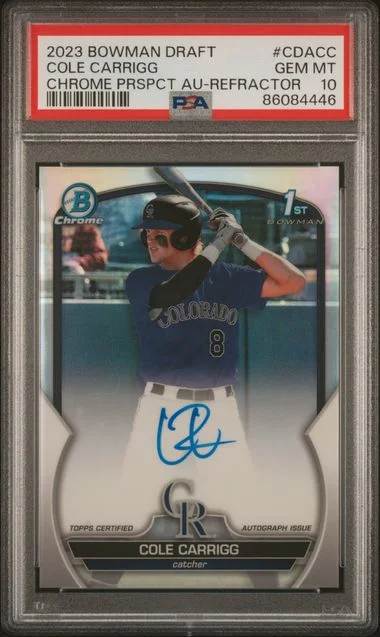 2023 Bowman Draft Cole Carrigg Chrome Prospect Autograph Refractor #CDA-CC card image