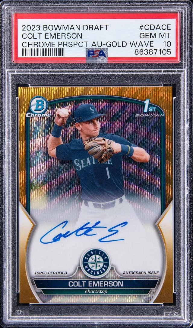 2023 Bowman Draft Colt Emerson Chrome Prospect Autographs Gold Wave Refractor #CDA-CE card image