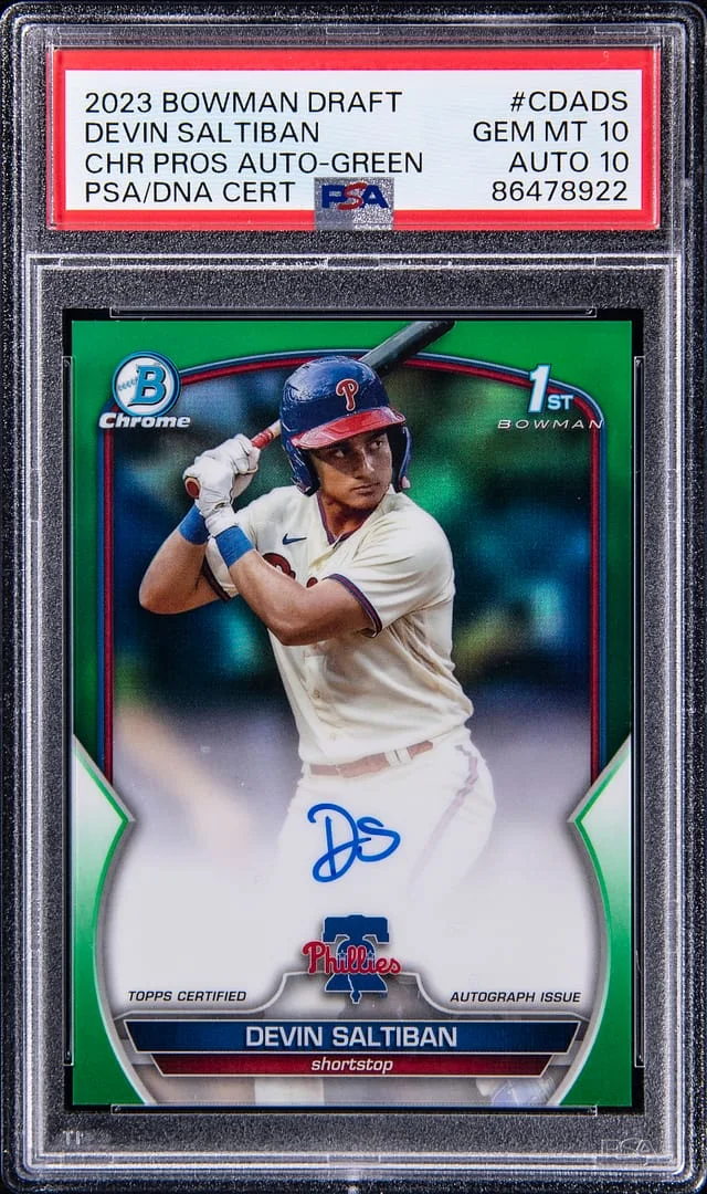 2023 Bowman Draft Devin Saltiban Chrome Prospect Autograph Green #CDA-DS card image