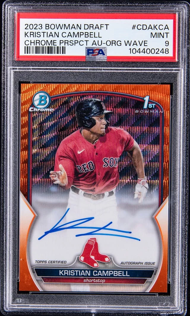 2023 Bowman Draft Kristian Campbell Chrome Prospect Autographs Orange Wave Refractor #CDA-KCA card image