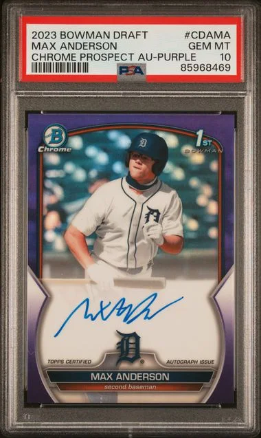 2023 Bowman Draft Max Anderson Chrome Prospect Autograph Purple #CDA-MA card image
