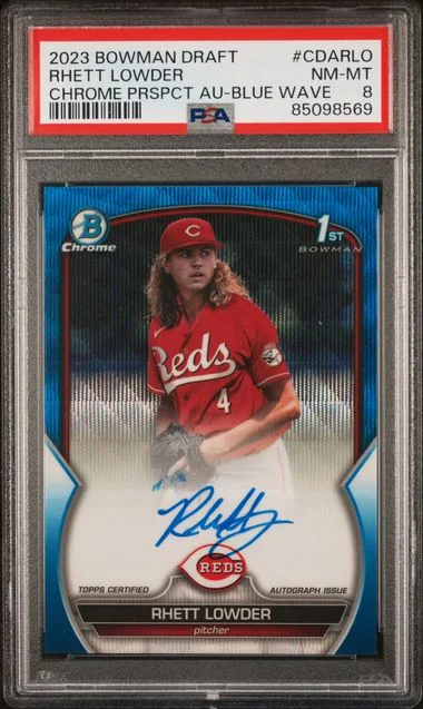 2023 Bowman Draft Rhett Lowder Chrome Prospect Autograph Blue Wave #CDARLO card image