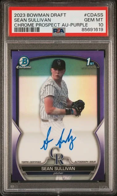 2023 Bowman Draft Sean Sullivan Chrome Prospect Autograph Purple #CDA-SS card image