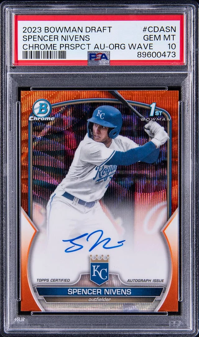 2023 Bowman Draft Spencer Nivens Chrome Prospect Autographs Orange Wave Refractor #CDASN card image