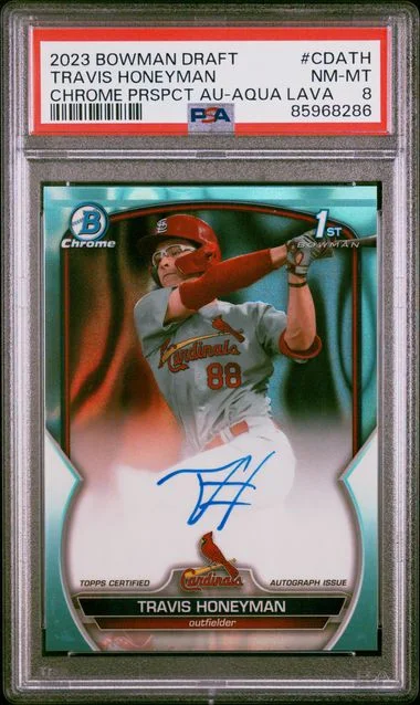 2023 Bowman Draft Travis Honeyman Chrome Prospect Autograph Aqua Lava #CDA-TH card image