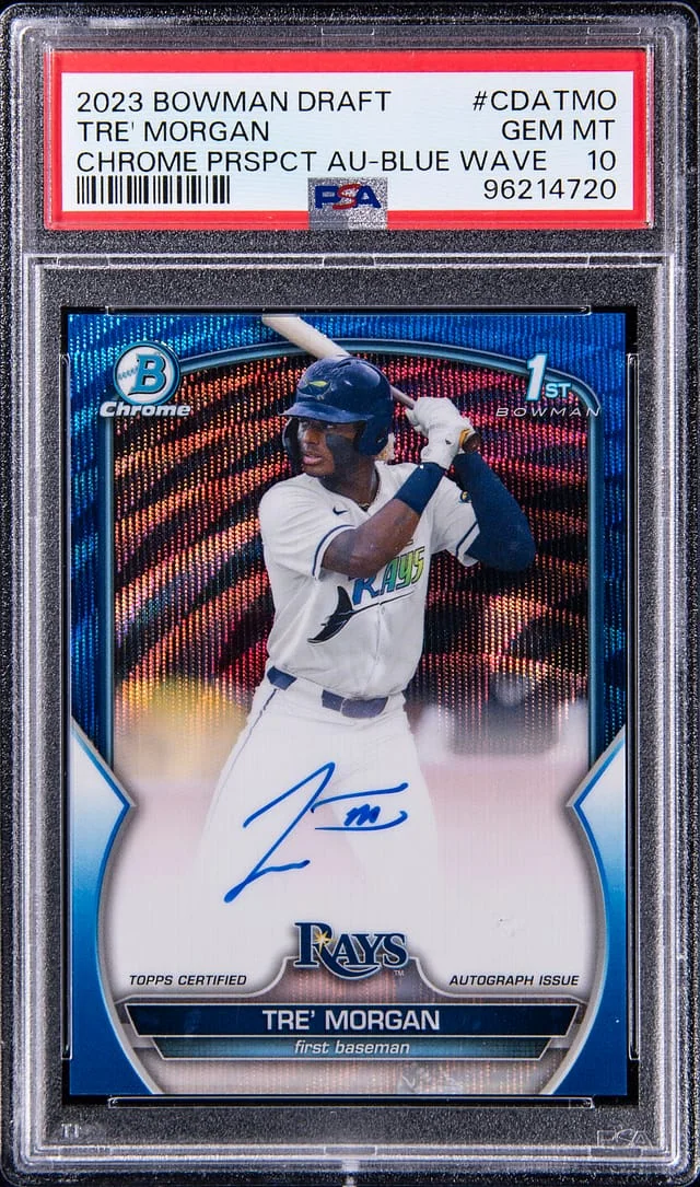 2023 Bowman Draft Tre Morgan Chrome Prospect Autograph Blue Wave #CDA-TMO card image