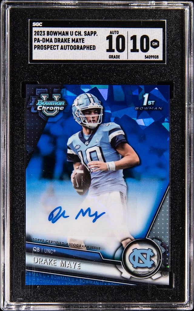2023 Bowman Drake Maye U Chrome Sapphire Prospect Autographs #PA-DMA card image
