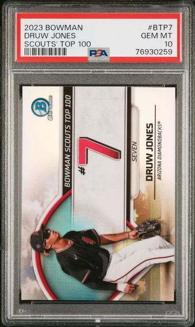 2023 Bowman Druw Jones Scouts' Top 100 Atomic Refractor #BTP7 card image