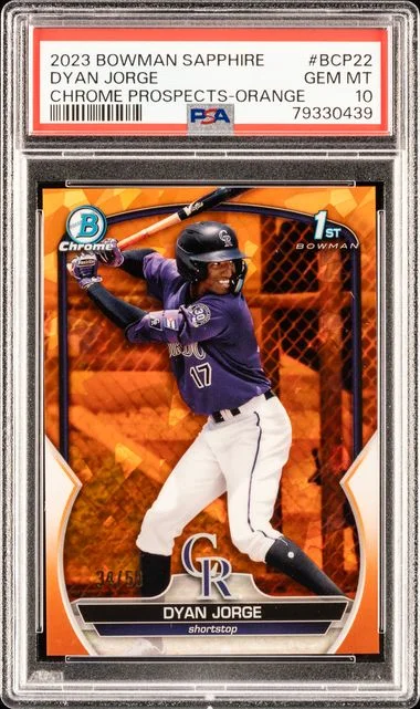 2023 Bowman Dyan Jorge Sapphire Chrome Prospects Red Refractor #BCP-22 card image