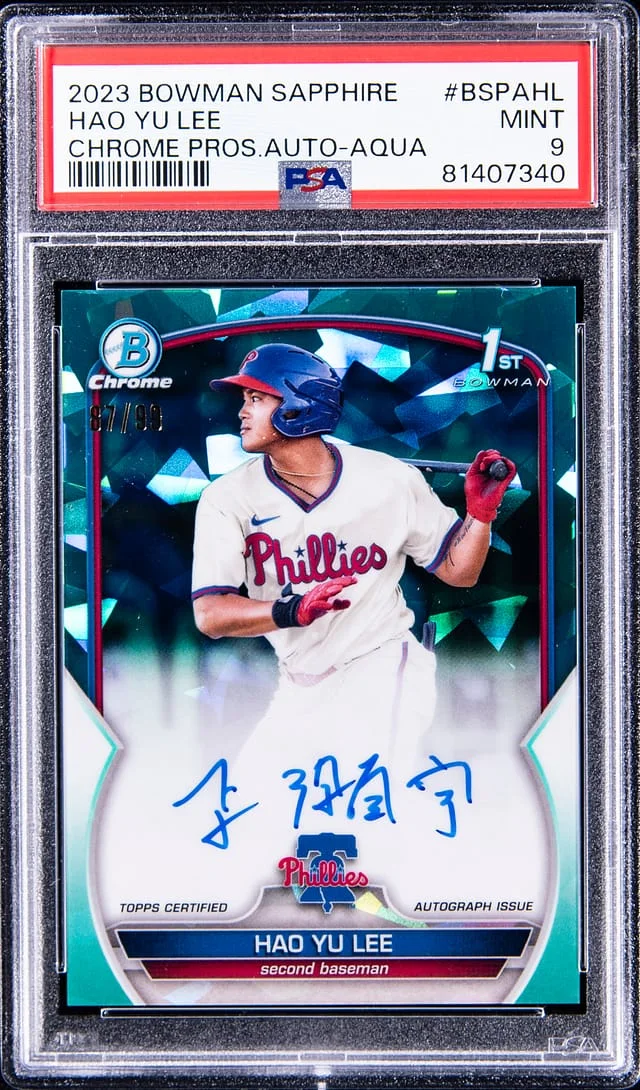 2023 Bowman Hao Yu Lee Sapphire Chrome Prospects Autograph Aqua Refractor #BSPA-HL card image
