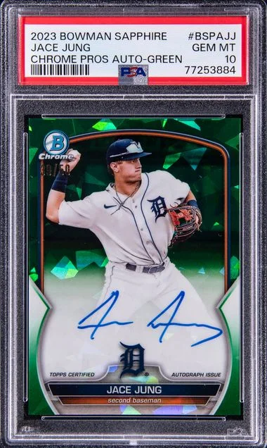2023 Bowman Jace Jung Sapphire Edition Chrome Prospects Autographs Green #BSPA-JJ card image