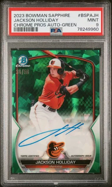 2023 Bowman Jackson Holliday Sapphire Edition Chrome Prospects Autographs Green #BSPAJH card image