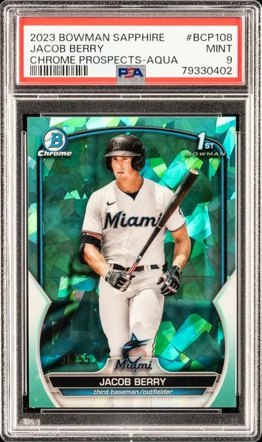 2023 Bowman Jacob Berry Sapphire Edition Chrome Prospects Aqua #BCP-108 card image