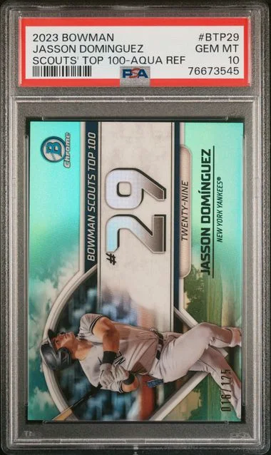 2023 Bowman Jasson Dominguez Scouts' Top 100 Aqua Refractor #BTP29 card image