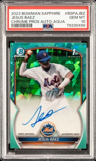 2023 Bowman Jesus Baez Sapphire Edition Chrome Prospect Autographs Aqua Refractor #BSPA-JBZ card image