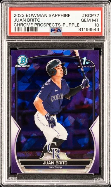2023 Bowman Juan Brito Sapphire Edition Chrome Prospects Purple #BCP-77 card image