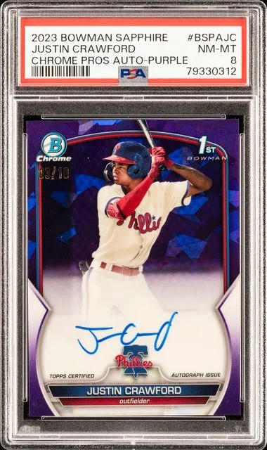 2023 Bowman Justin Crawford Sapphire Edition Chrome Prospects Autographs Purple #BSPA-JC card image