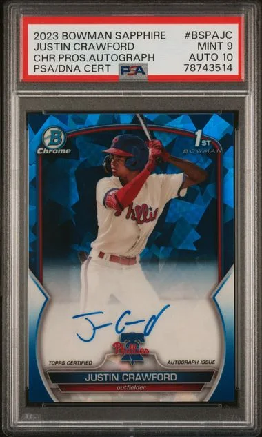 2023 Bowman Justin Crawford Sapphire Edition Chrome Prospects Autographs #BSPAJC card image
