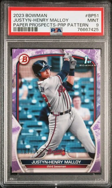2023 Bowman Justyn-Henry Malloy Paper Prospects Purple Pattern #BP51 card image