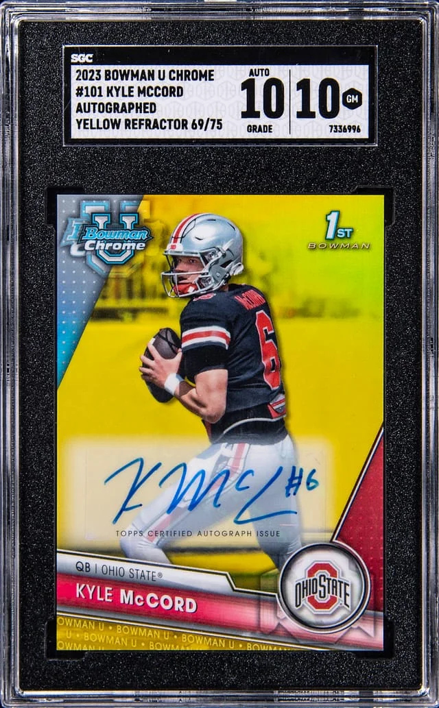 2023 Bowman Kyle McCord U Chrome Autographed Yellow Refractor #101 card image
