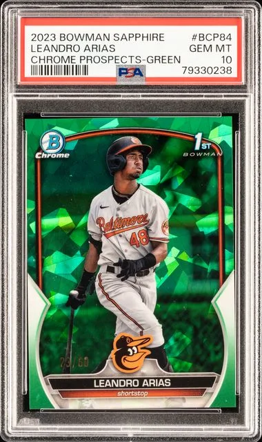 2023 Bowman Leandro Arias Sapphire Edition Chrome Prospects Green #BCP-84 card image
