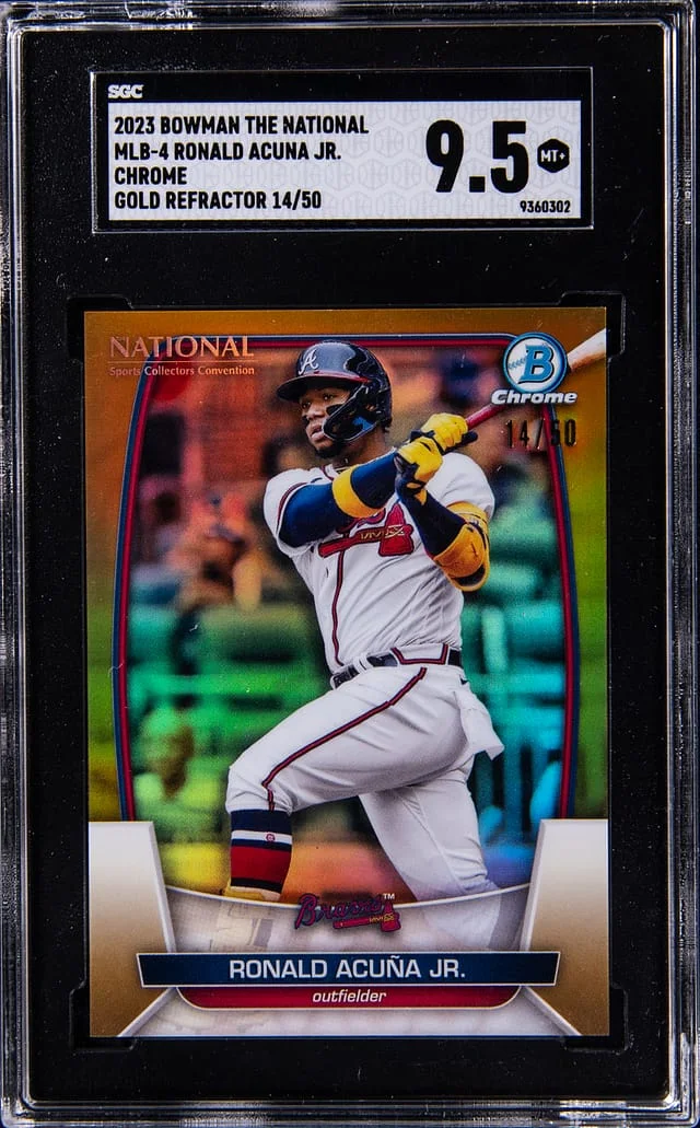 2023 Bowman Ronald Acuna Jr. The National Chrome Gold Refractor #MLB-4 card image