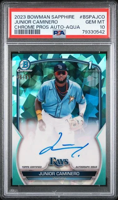 2023 Bowman Sapphire Edition Chrome Prospects Autographs Aqua Bspajco Junior Caminero #no-number card image