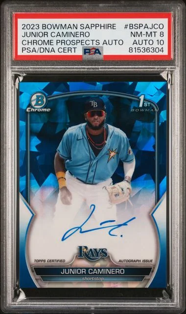 2023 Bowman Sapphire Edition Chrome Prospects Autographs Bspajco Junior Caminero #no-number card image