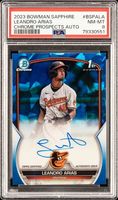 2023 Bowman Sapphire Edition Chrome Prospects Autographs Bspala Leandro Arias #no-number card image
